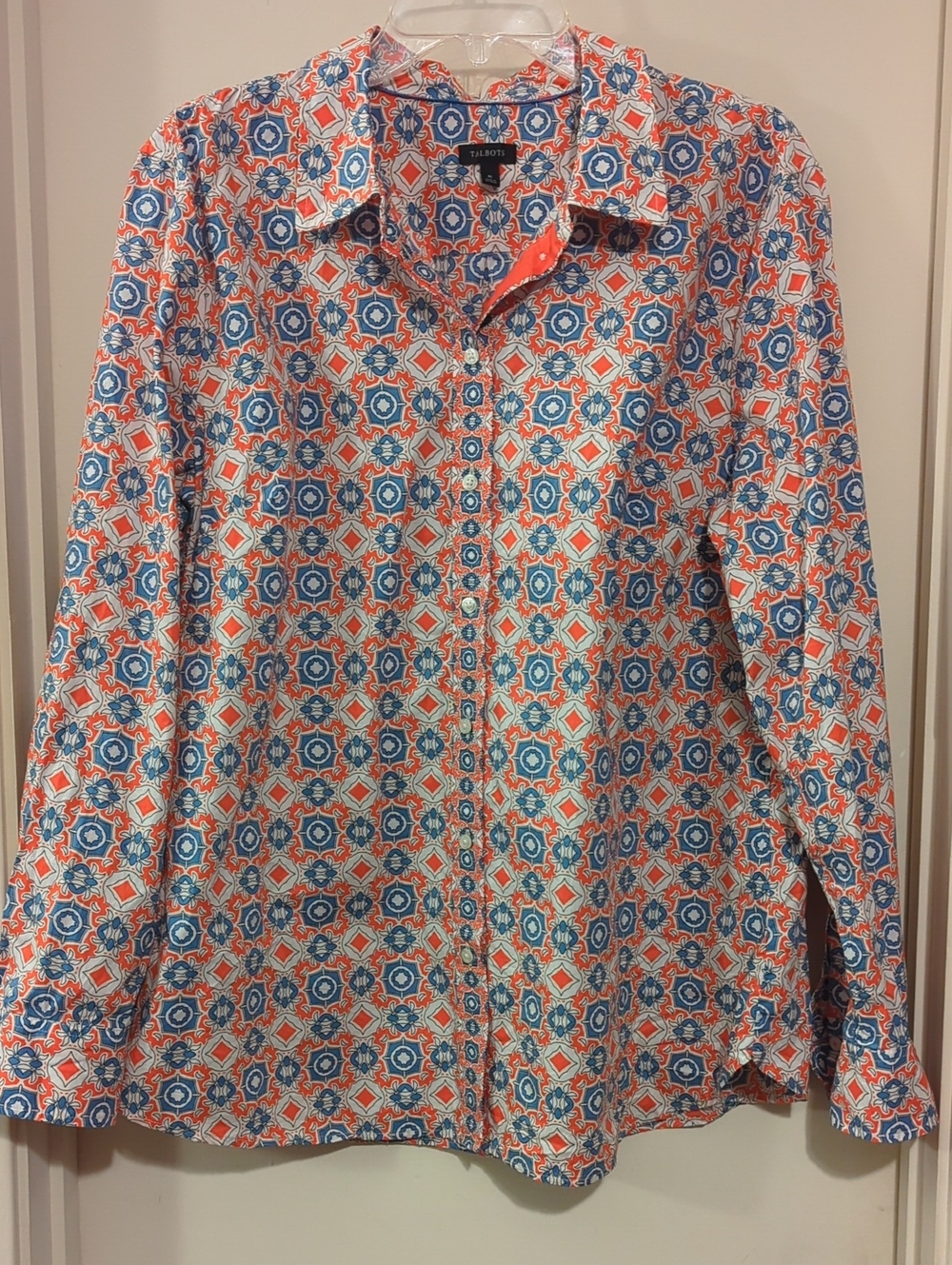 Talbot's Geometric Tile Print Long Sleeve Button Down Shirt Coral and Blue